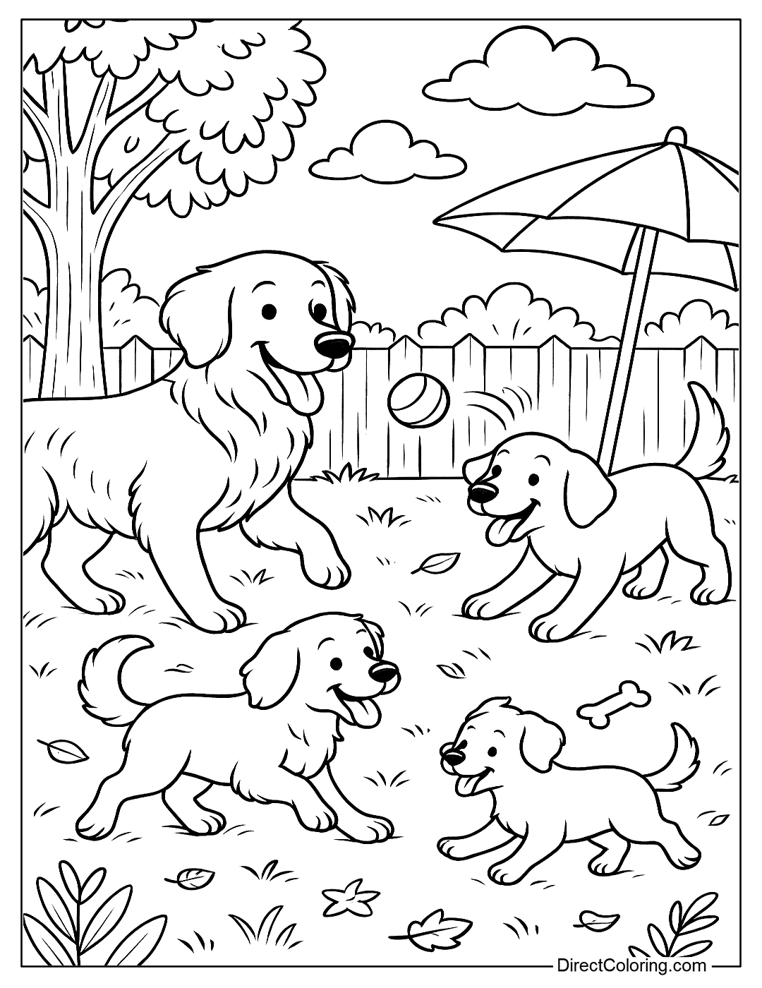 coloring page of a dog family playing ball in the yard, with plants and toy bones